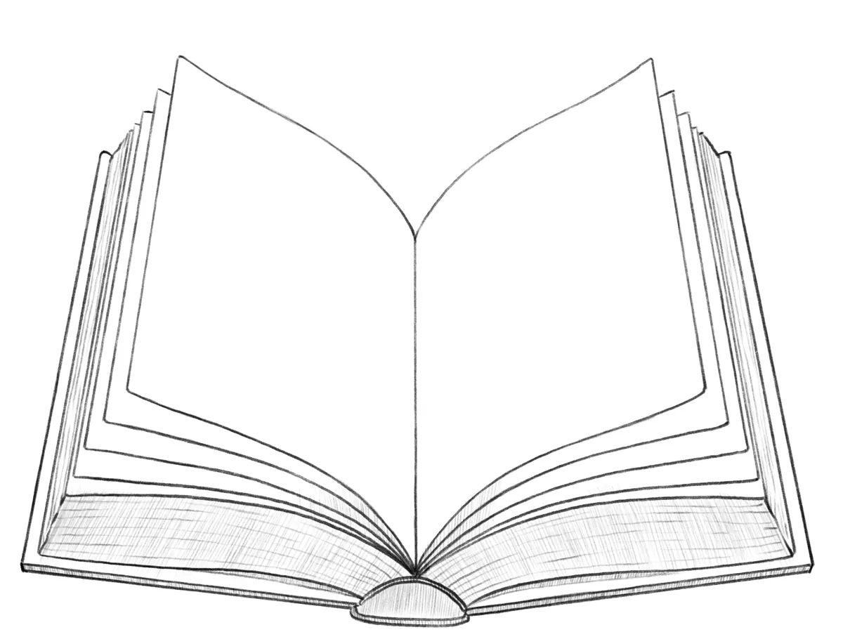 Realistic open book drawing with dimensional shadows.
