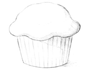 Completed muffin drawing with realistic shading and a textured paper wrapper.