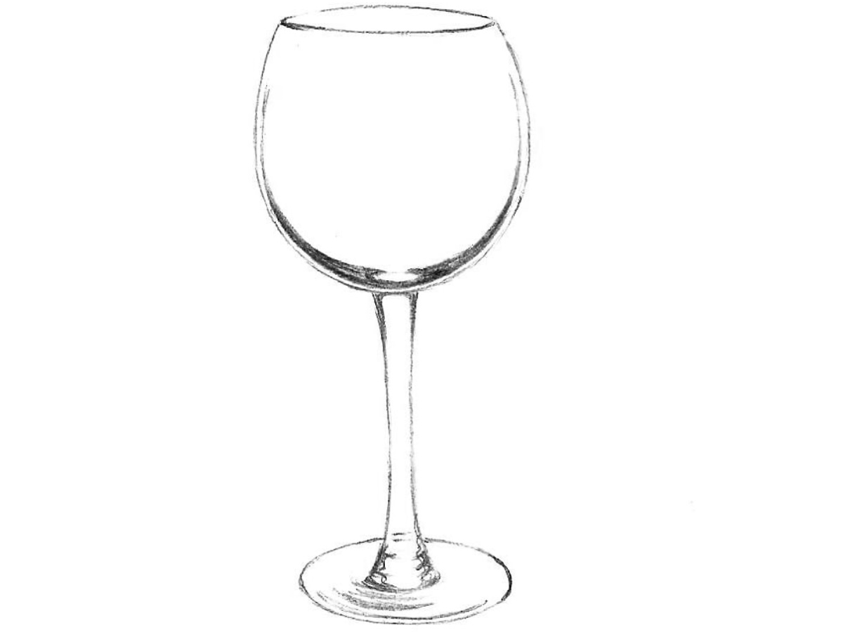Completed wine glass drawing with realistic reflections and shadows.