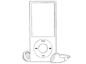 Finished drawing of a classic Apple iPod with wired earphones.
