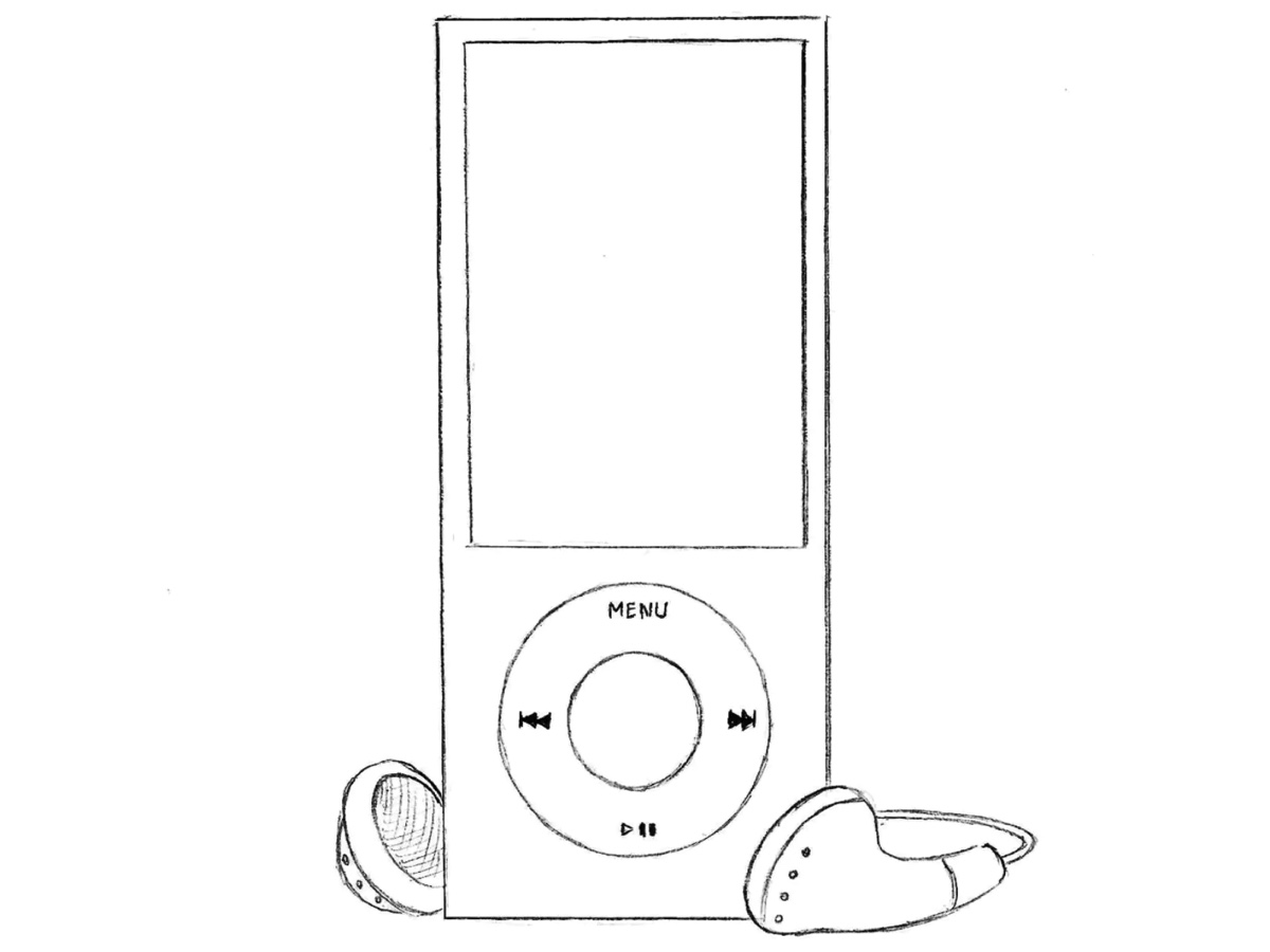 Finished drawing of a classic Apple iPod with wired earphones.