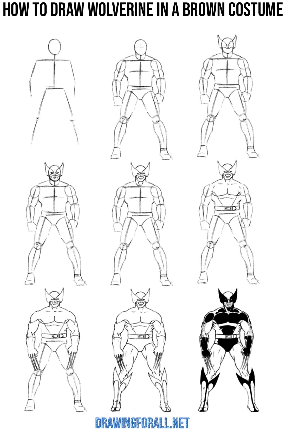 how to draw wolverine in a brown costume step by step