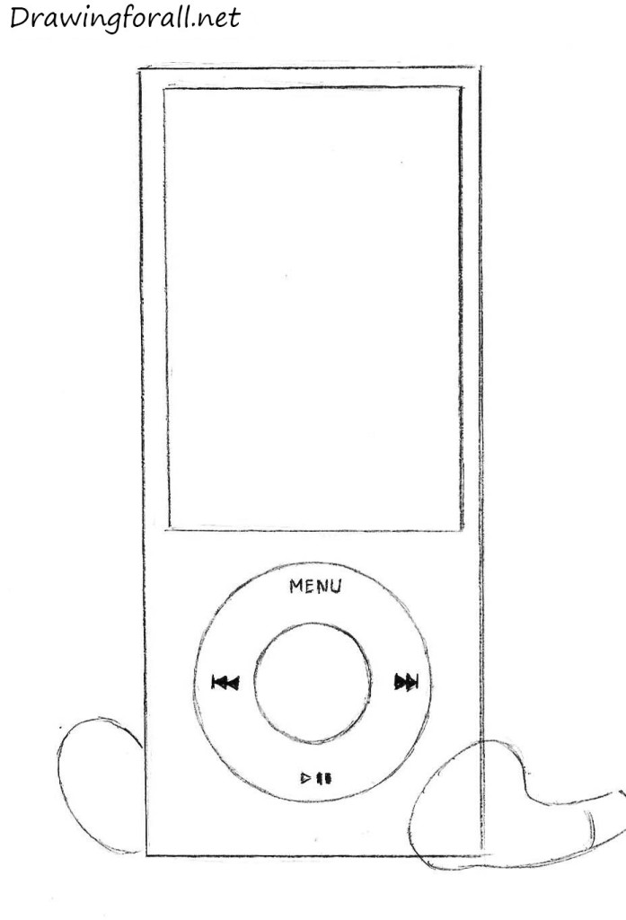 Sketching the wired earphones and interface symbols on the click wheel.