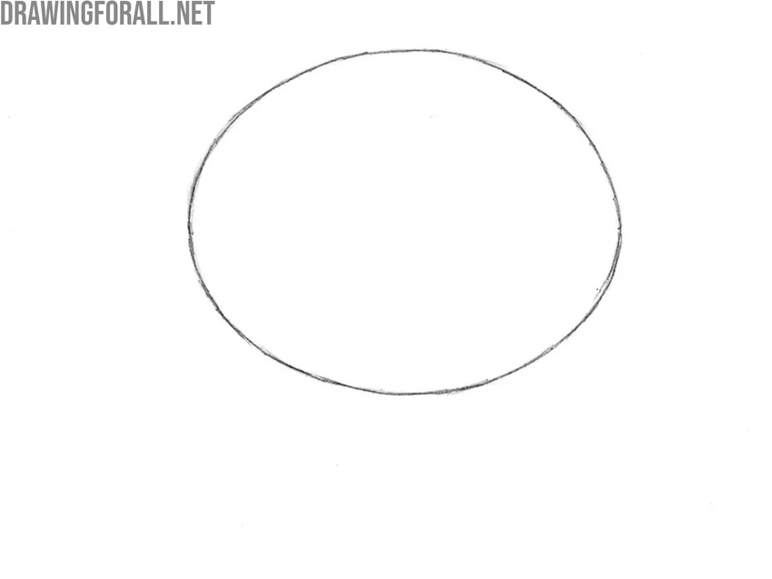 Sketch the basic oval for the cartoon head
