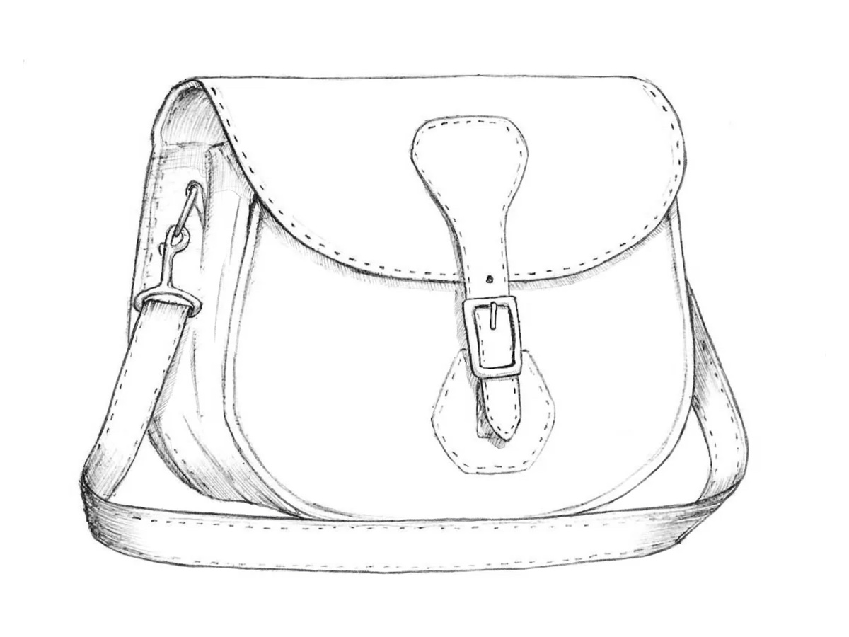 Completed drawing of a leather shoulder bag with realistic folds and shading.