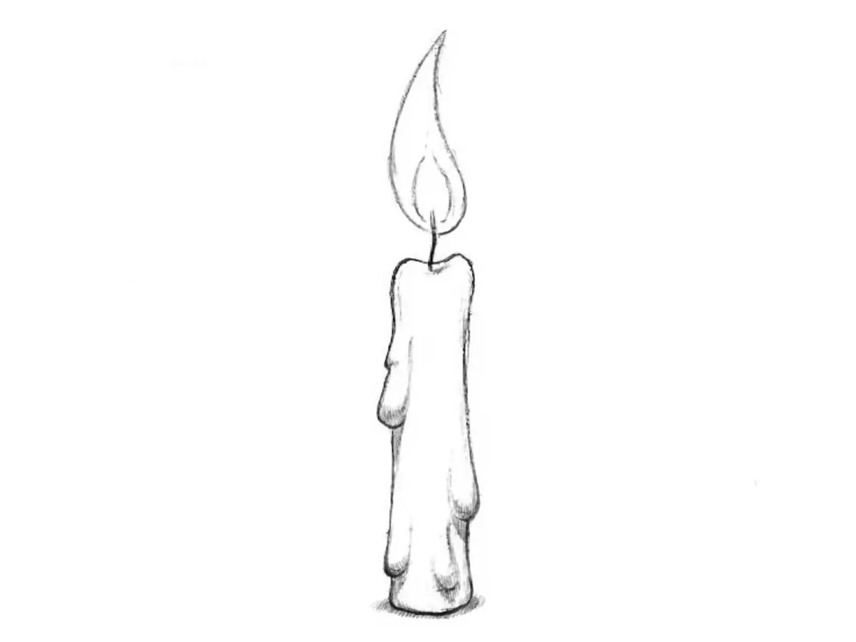 Realistic candle drawing with melted wax and realistic shading.