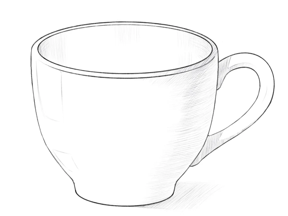 Completed drawing of a classic cup with smooth contours and realistic shading.