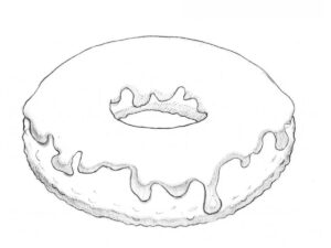 Completed donut drawing with dripping glaze and realistic shading.