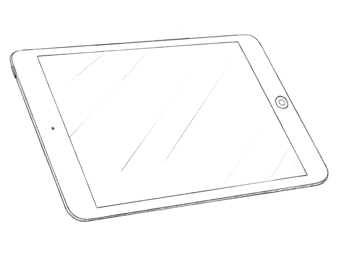 Completed drawing of an iPad with realistic perspective, shadows, and subtle reflections.
