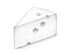Completed drawing of a slice of cheese with realistic shading and texture.