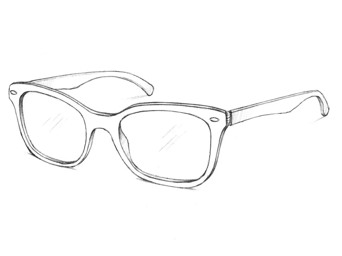 Completed drawing of classic glasses with realistic shadows and subtle reflections.