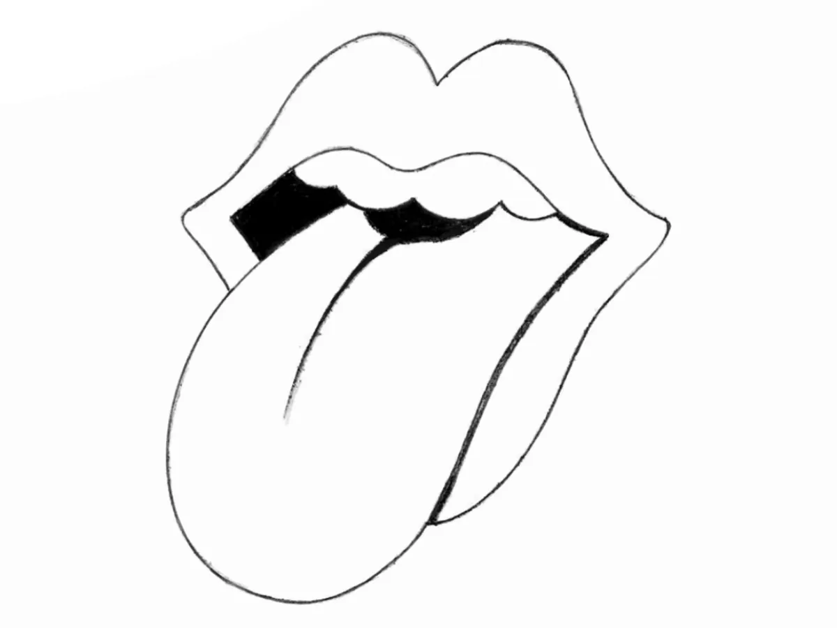 Completed drawing of The Rolling Stones logo with bold lips and an extended tongue.