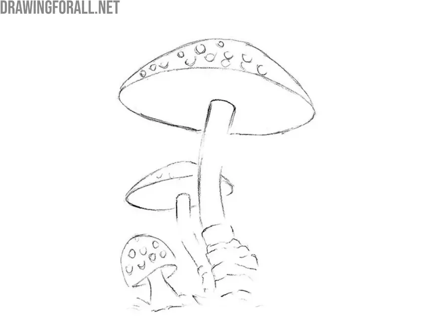 Draw the small dots on the mushroom caps