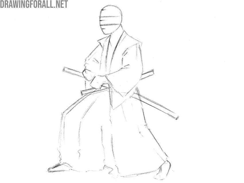 Draw the wide samurai hakama trousers