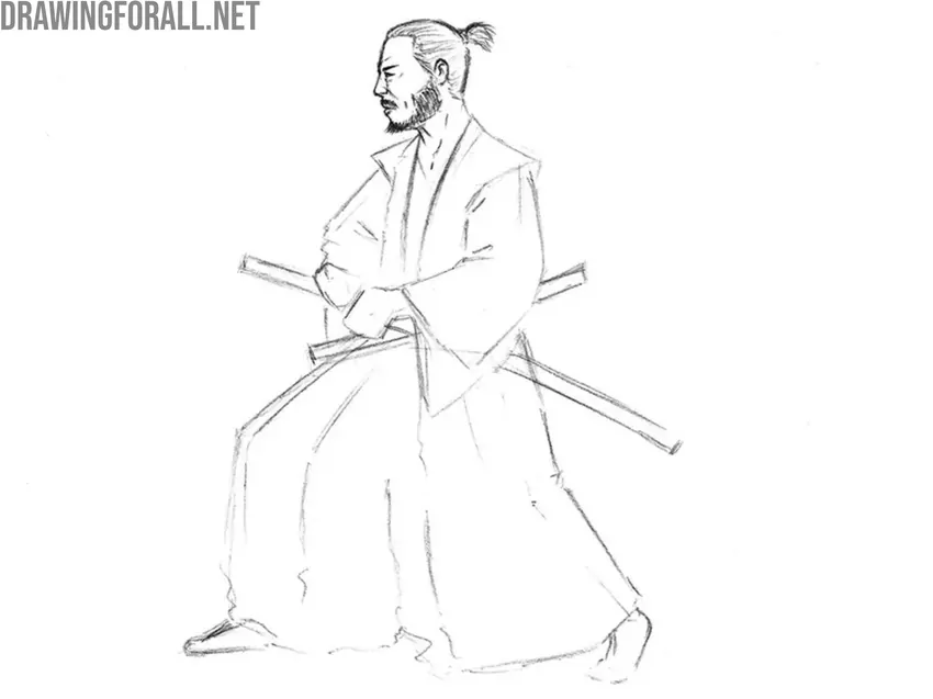 Draw the ear and hair of the samurai