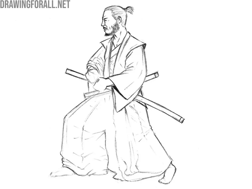 Draw the folds on the samurai hakama