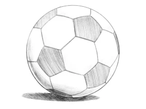 Classic soccer ball drawing with black and white patches and realistic shadows.