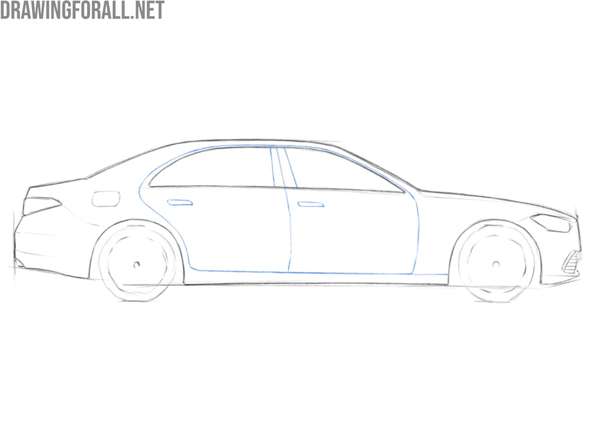 Draw the doors and handles of the car