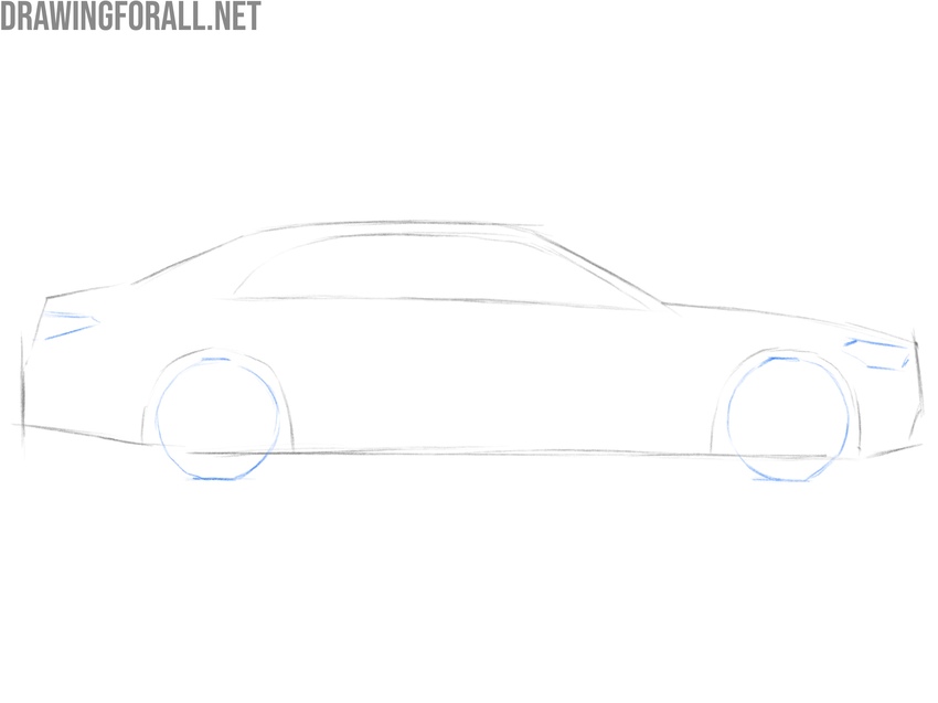 Draw the headlights and wheels