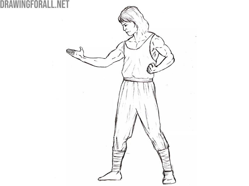 Draw the shins and feet of Liu Kang