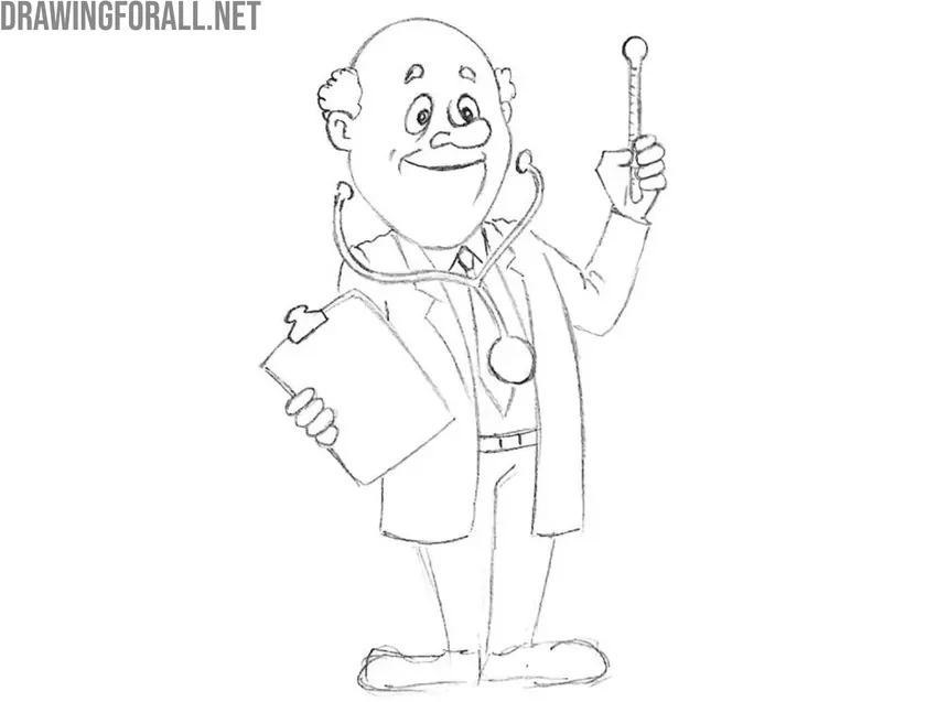 Detail the arms, thermometer, and clipboard