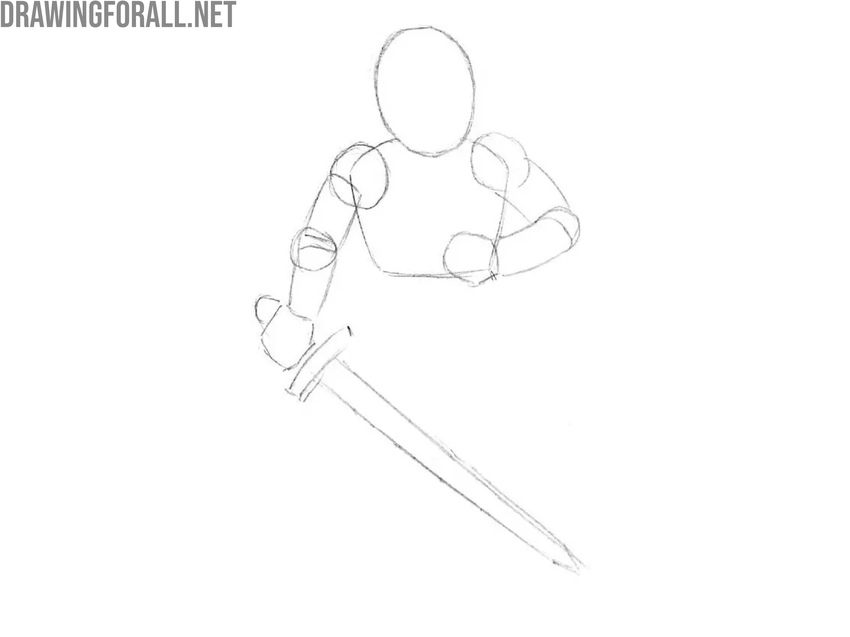 Draw the cartoon knight hands and sword
