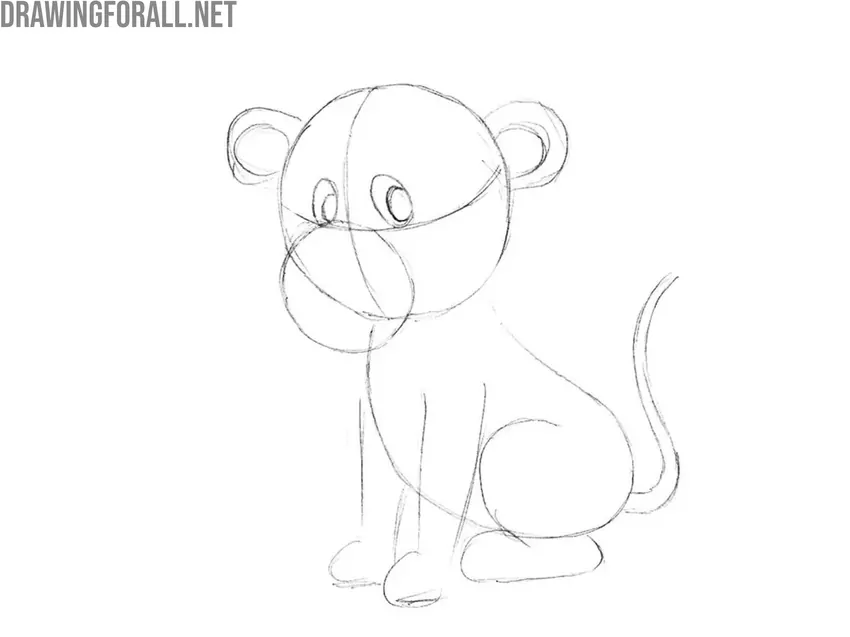 Draw the cartoon lion eyes and ears