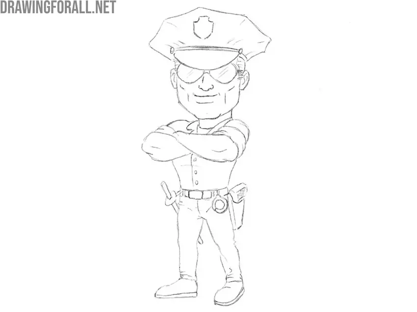 Detail the legs of the cartoon officer