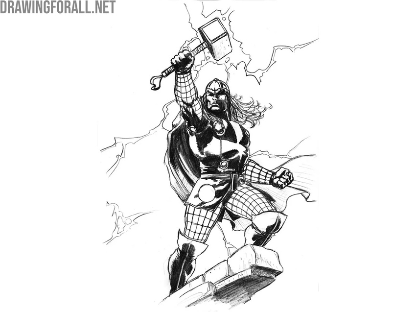 detailed drawing of Thor standing on a rock