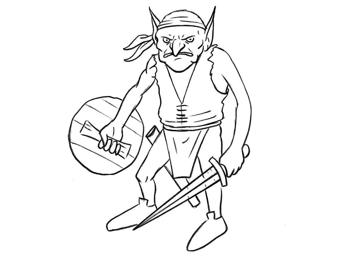 Cartoon goblin drawing with a shield and sword.