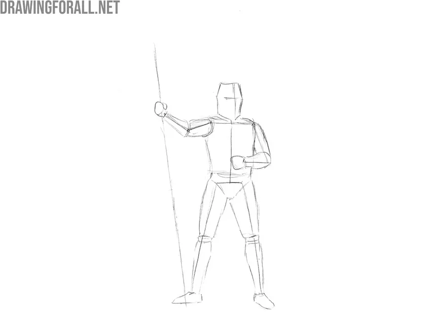 Draw the pelvis and legs of the knight
