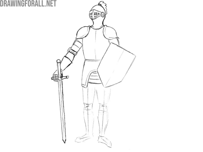 Draw the knight sword and gauntlet details