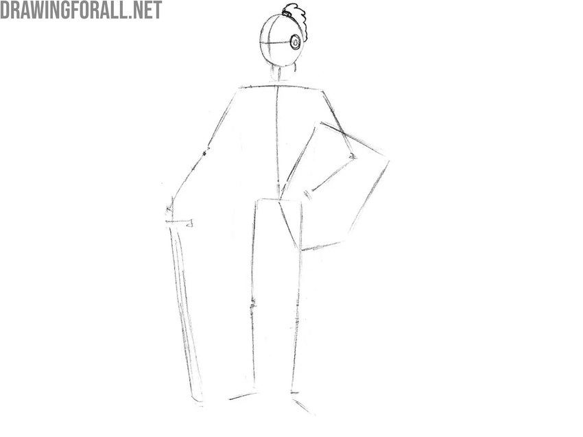 Draw the helmet guides, shield, and sword
