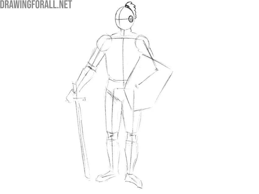 Draw the pelvis and legs of the knight