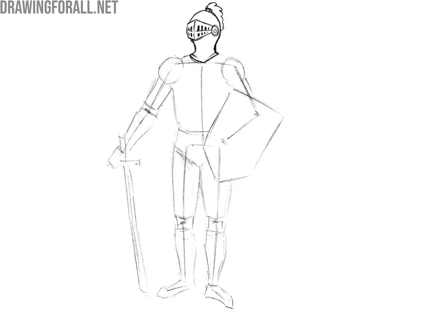Draw the knight helmet and neck armor
