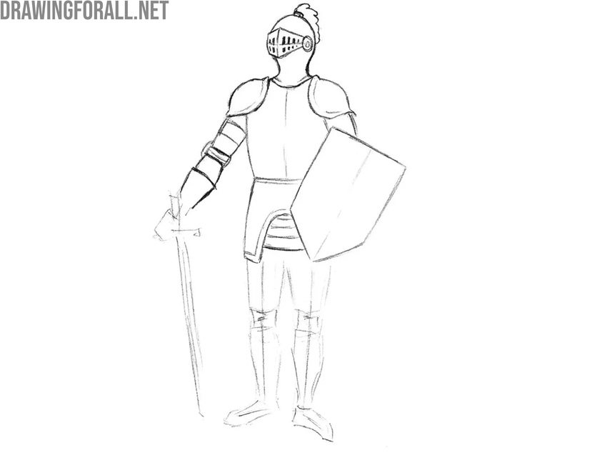 Detail the knight’s arms and shield
