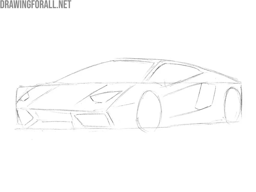 Sketch the sports car’s windows and wheels