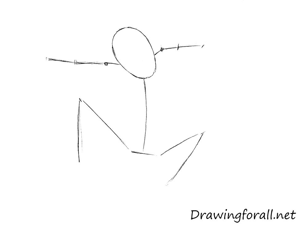 Sketch the stick figure of the superhero