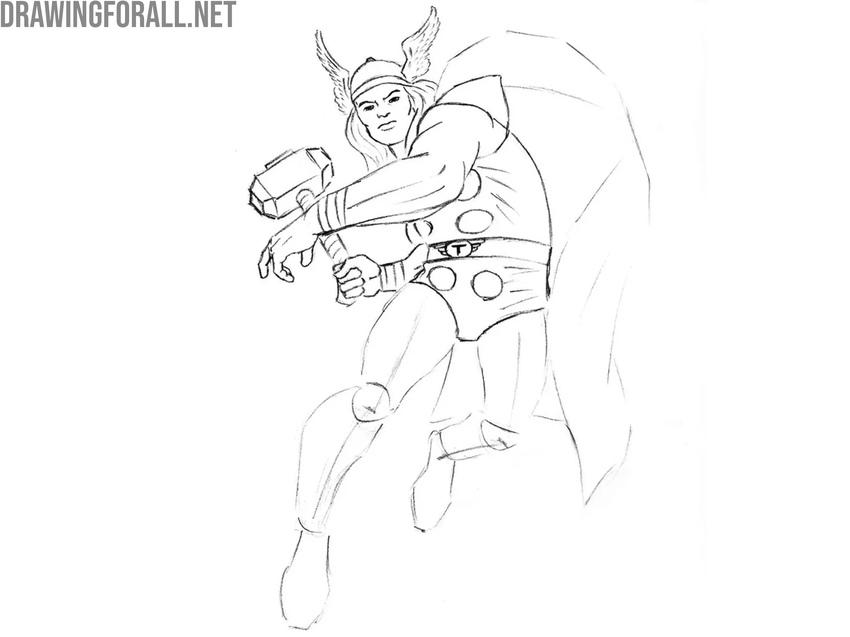 Draw Thor’s rear arm and Mjolnir