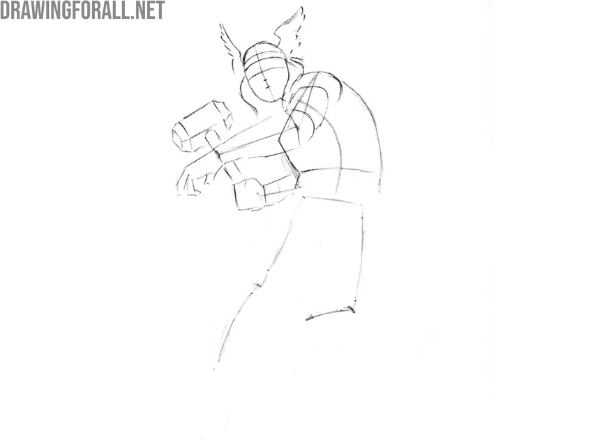Draw Thor’s helmet, hair, and hammer