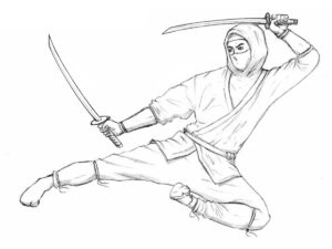 Drawing of a ninja performing a jump with two swords in a realistic style.