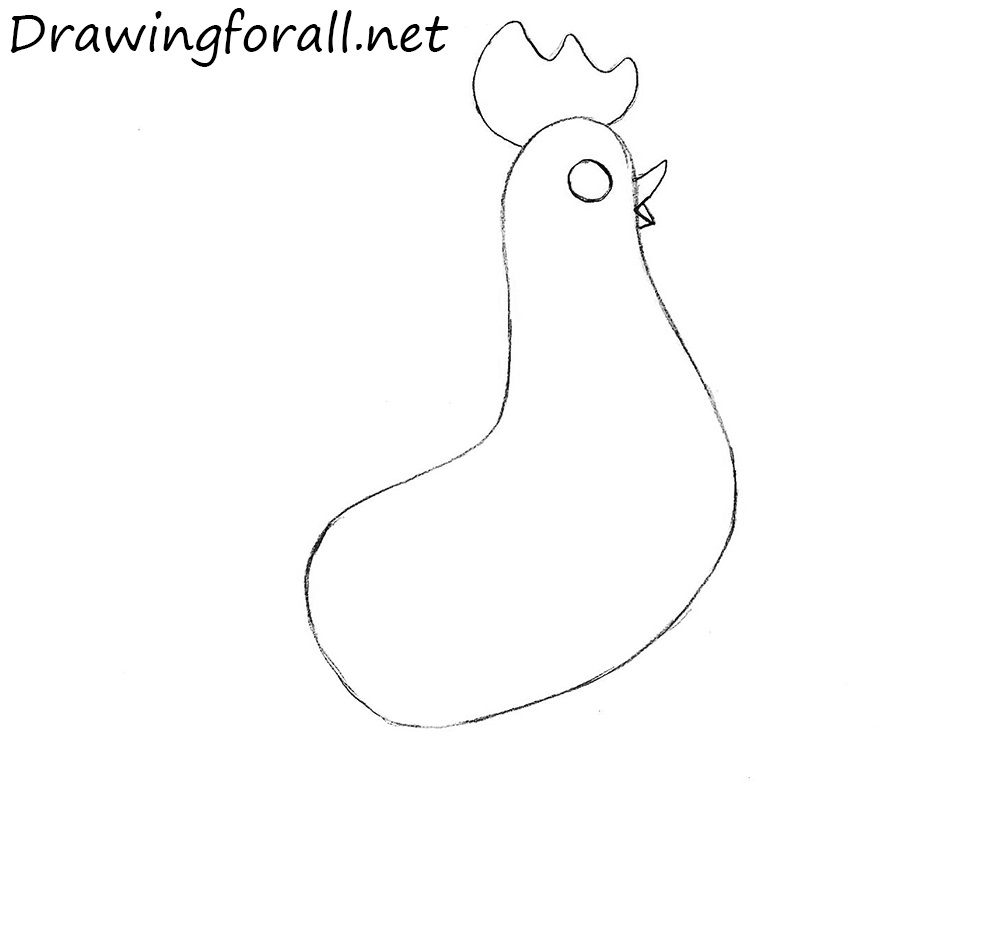 Adding the rooster’s comb, large eye, and open angular beak