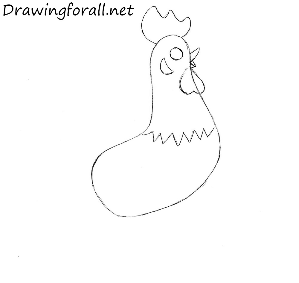 Drawing the rooster’s cheek shape, jagged neck feathers, and wattles