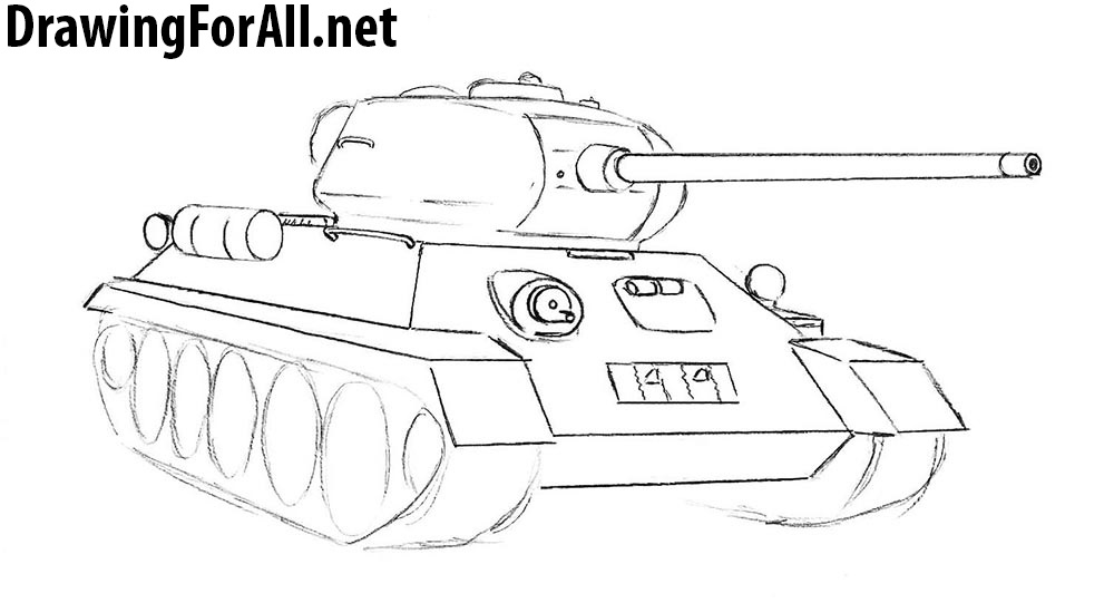 Outlining the T-34 road wheels and refining the main contours