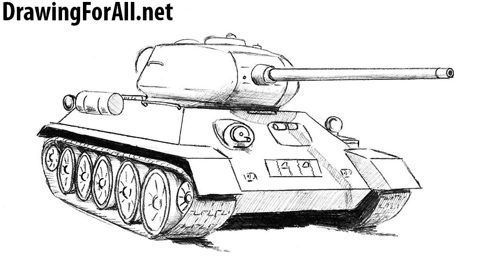 Finishing the T-34 tank drawing with dark shadows and hatching