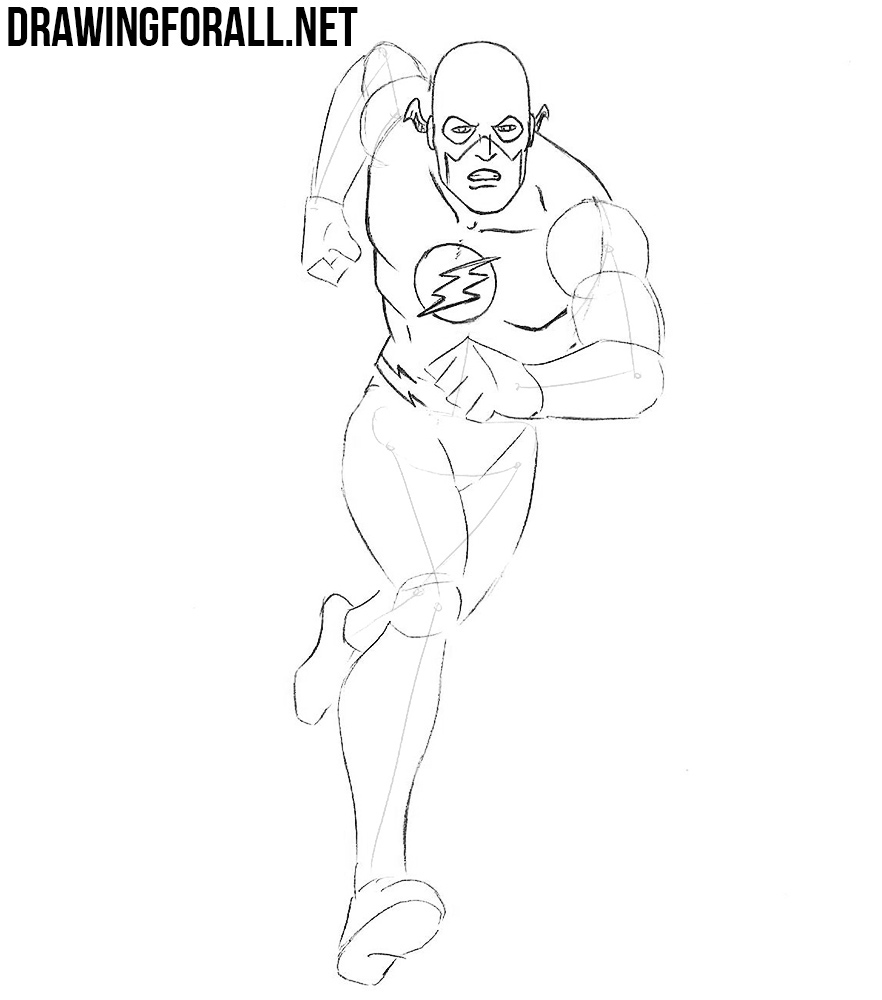 Refining Flash’s muscular torso, chest logo, and lightning-shaped belt