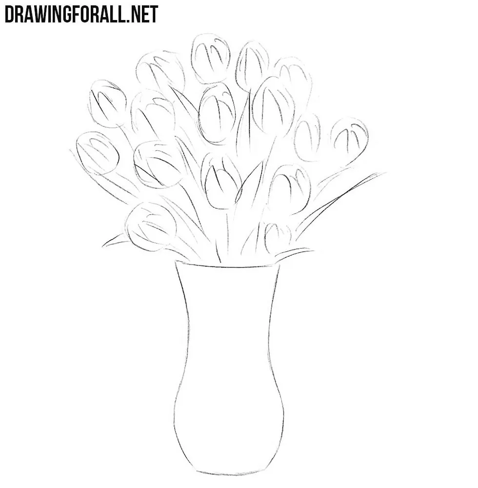 how to draw flowers in a vase easy