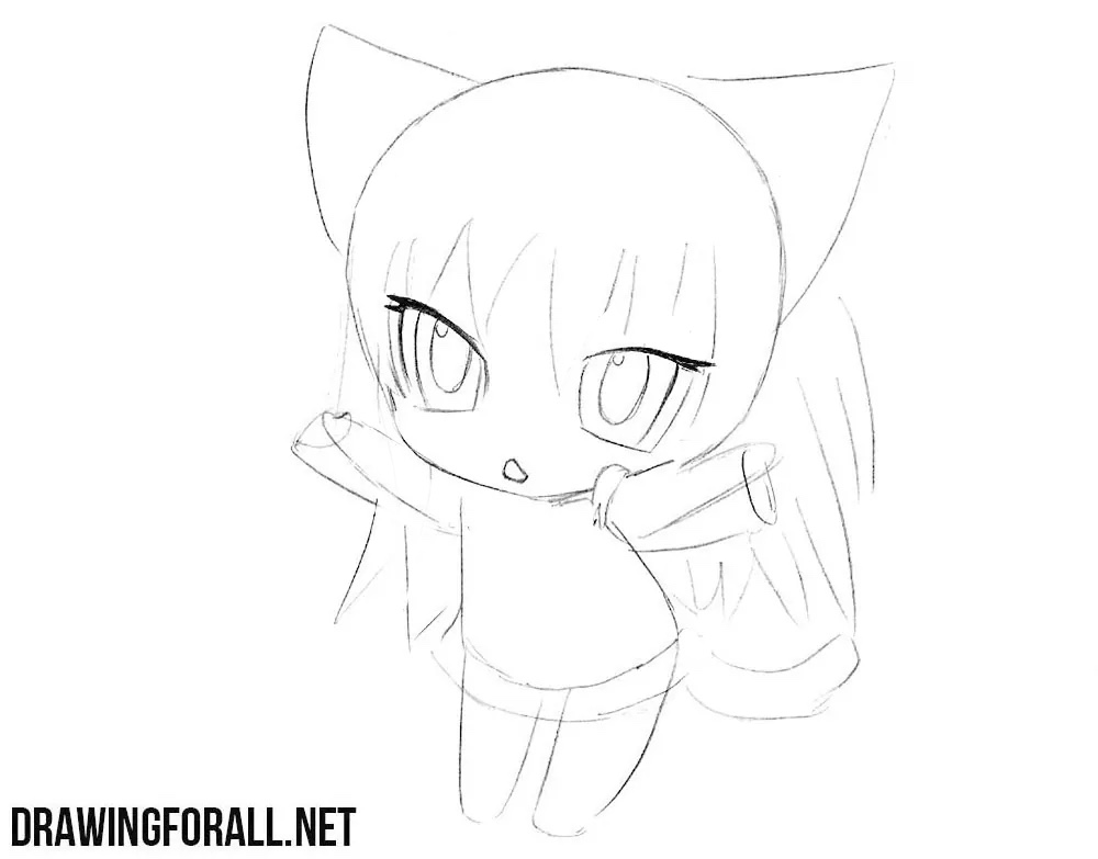 Drawing the Neko girl’s large Chibi eyes, small mouth, and face contours.