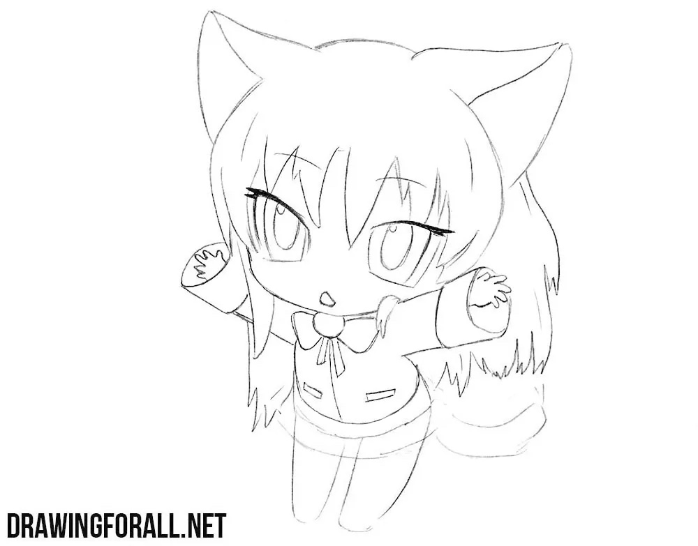 Finishing the Neko girl’s bow, wide sleeves, upper clothing, and small hands.