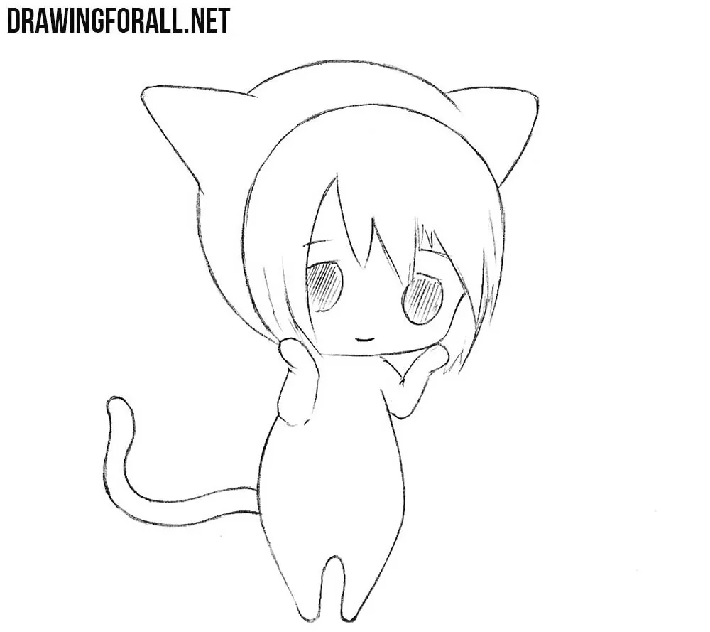 Finished cute chibi cat girl drawing with ears and a tail